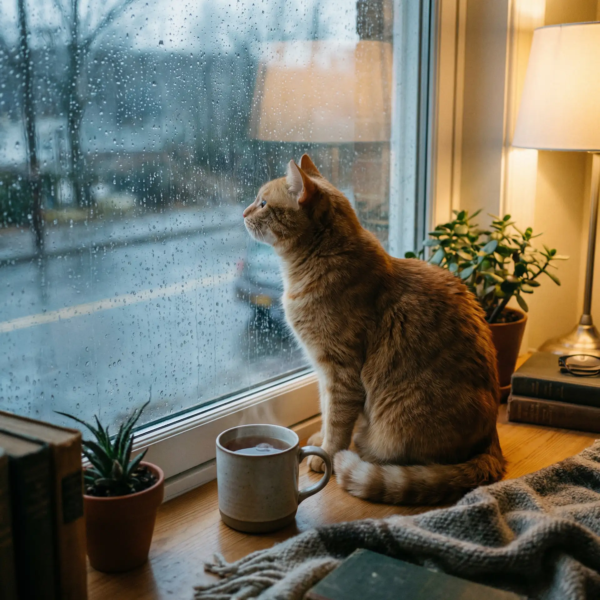 猫咪望着窗外的雨 - 赖小民背景关系